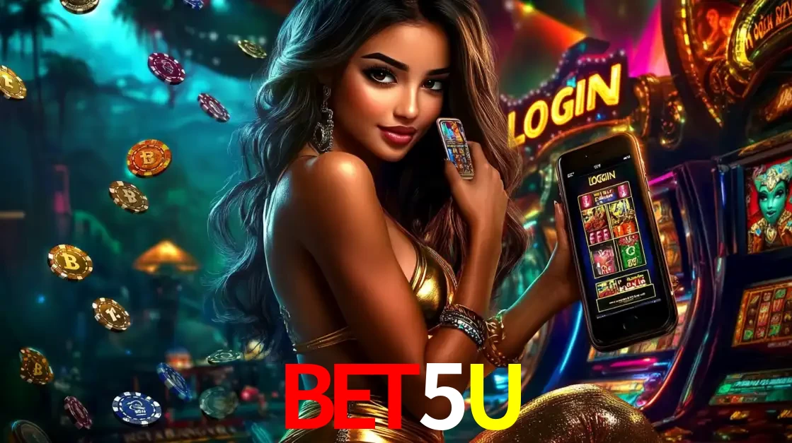 Mulher em um cenário de cassino temático de aventura, mostrando o app de caça-níqueis da BET5U no celular. Fichas de apostas flutuam ao redor.