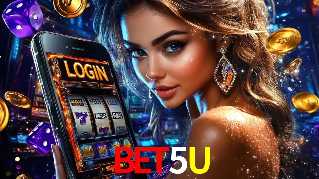 Mulher glamorosa segurando um smartphone com a tela de login para os jogos de caça-níqueis do cassino online BET5U, com moedas de ouro e dados ao redor.