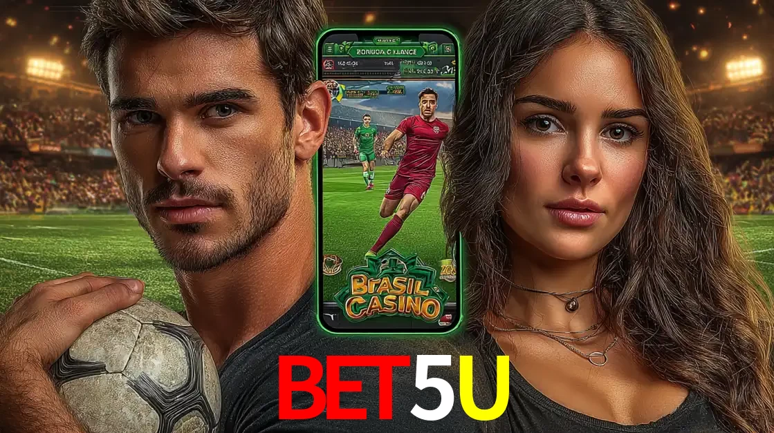 Homem segurando uma bola de futebol e uma mulher ao lado de um smartphone exibindo o jogo de apostas esportivas da BET5U. Faça seu palpite no cassino online.